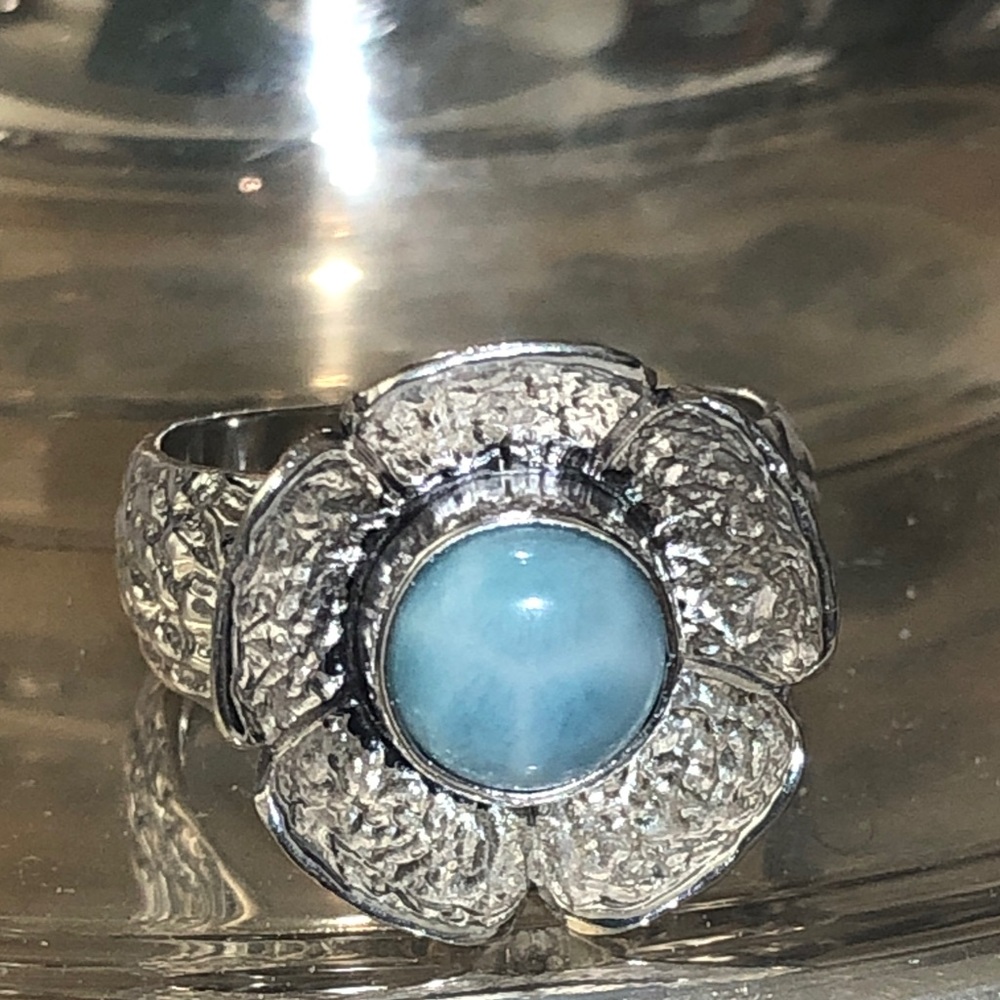 925 Sterling Silver and Tiffany Blue Stone Floral Ring size 6 Heirloom 7.19g
